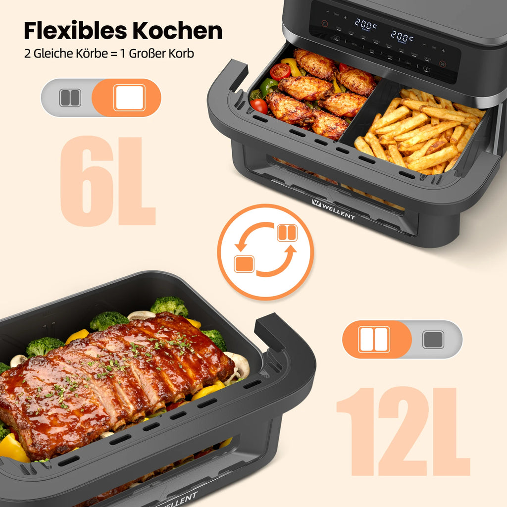12L Hot Air Fryer Double Pot Simultaneous Cooking 2950W With LED Touch Screen
