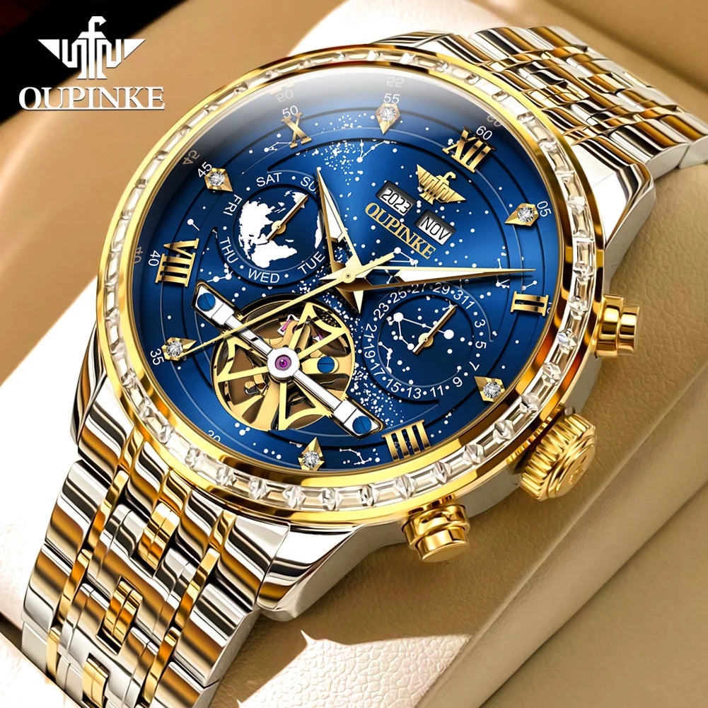 OUPINKE 3255 Men Watch Luxury Brand Swiss Movement Starry Sky Skeleton Waterproof