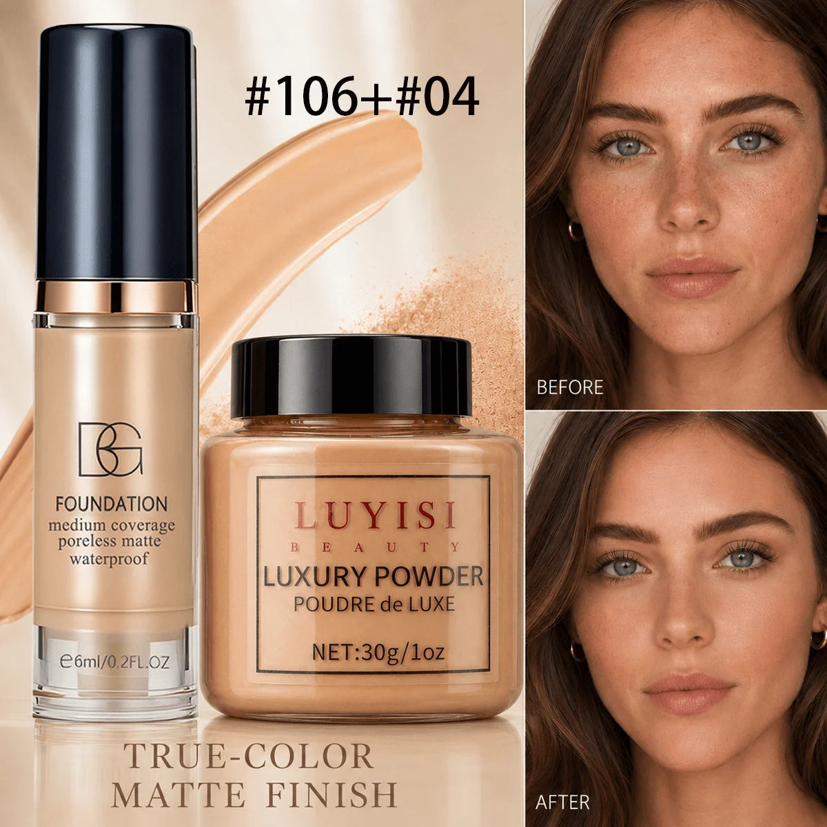 Facial Makeup Set:1pc Matte Loose Powder+1pc Waterproof Fundation