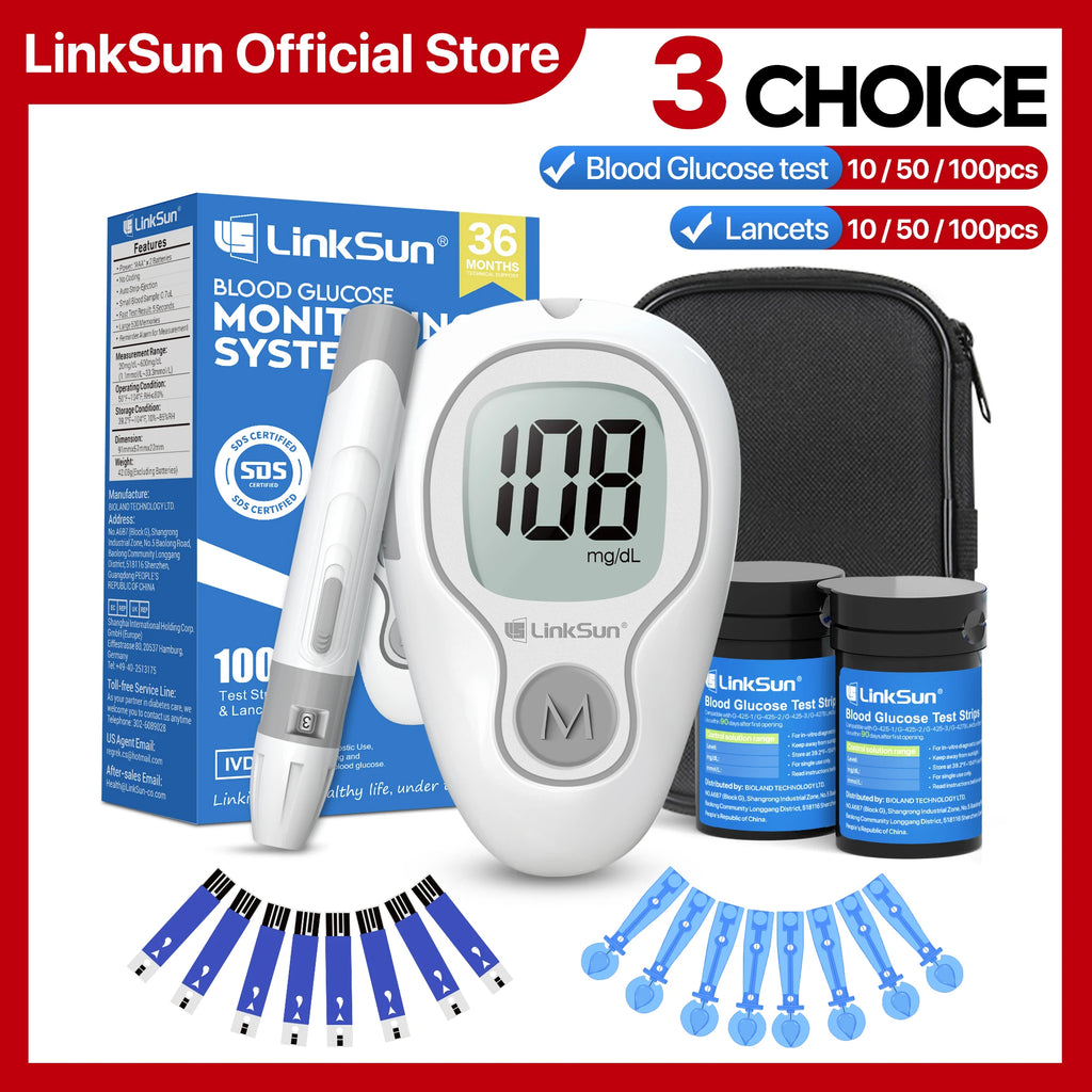 LinkSun Blood Glucose Meter G-425-3 Glucosemeter Kit 10/50/100pcs Strips No Code For Diabetes Tester Medical Blood Sugar Monitor
