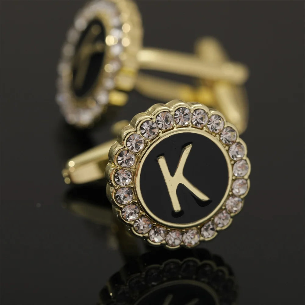26 Initial Capital Letter A-Z Mens Cufflinks Galaxy Golden Color Gear Shape Crystal Cuff Links Formal Shirt Suit Jewelry Gift