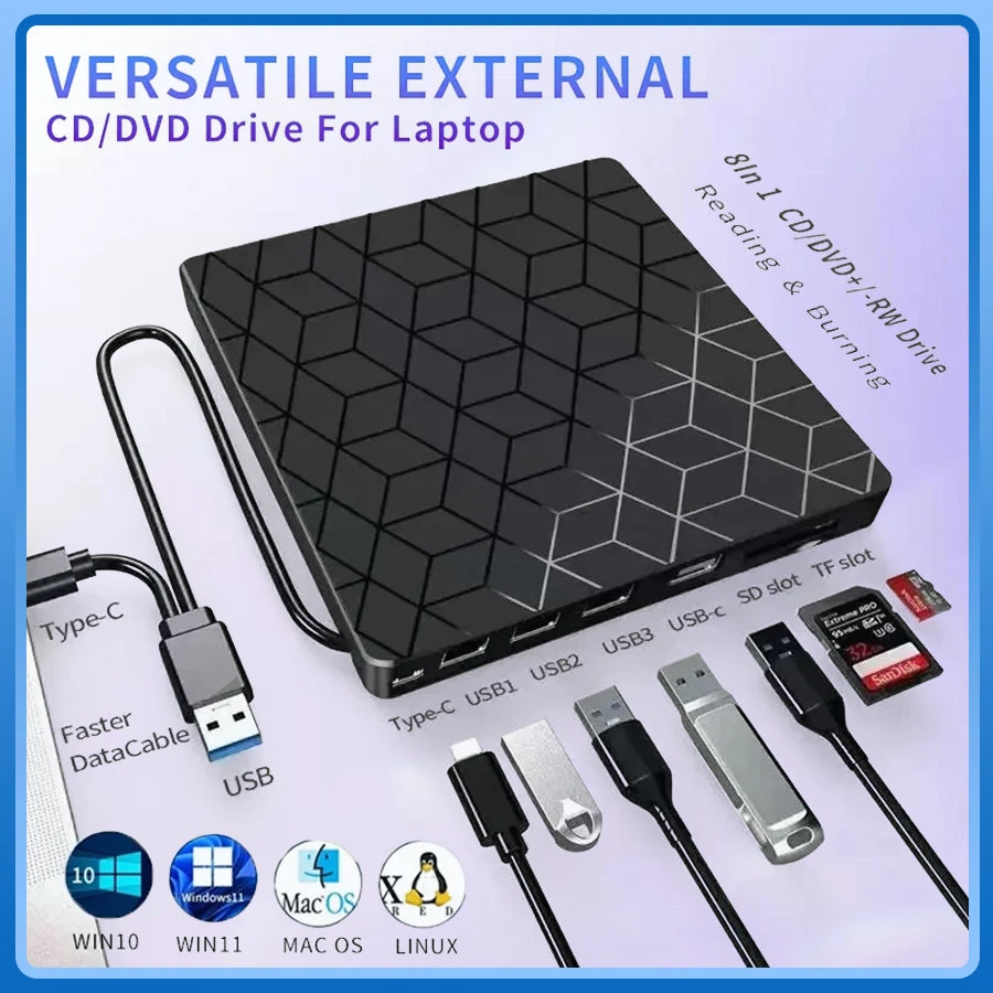 7 in 1 USB3.0&Type C CD DVD Recorder Player Writer External DVD Burner Optical Drive Portable Reader For Laptop Desktop Notebook