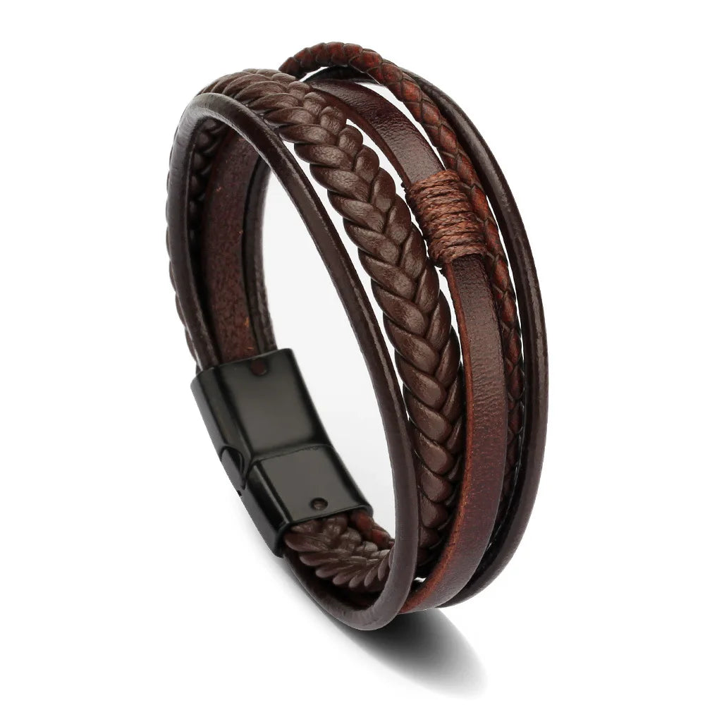 Trendy Leather Bracelets For Men Stainless Steel Bracelet 21CM Multilayer