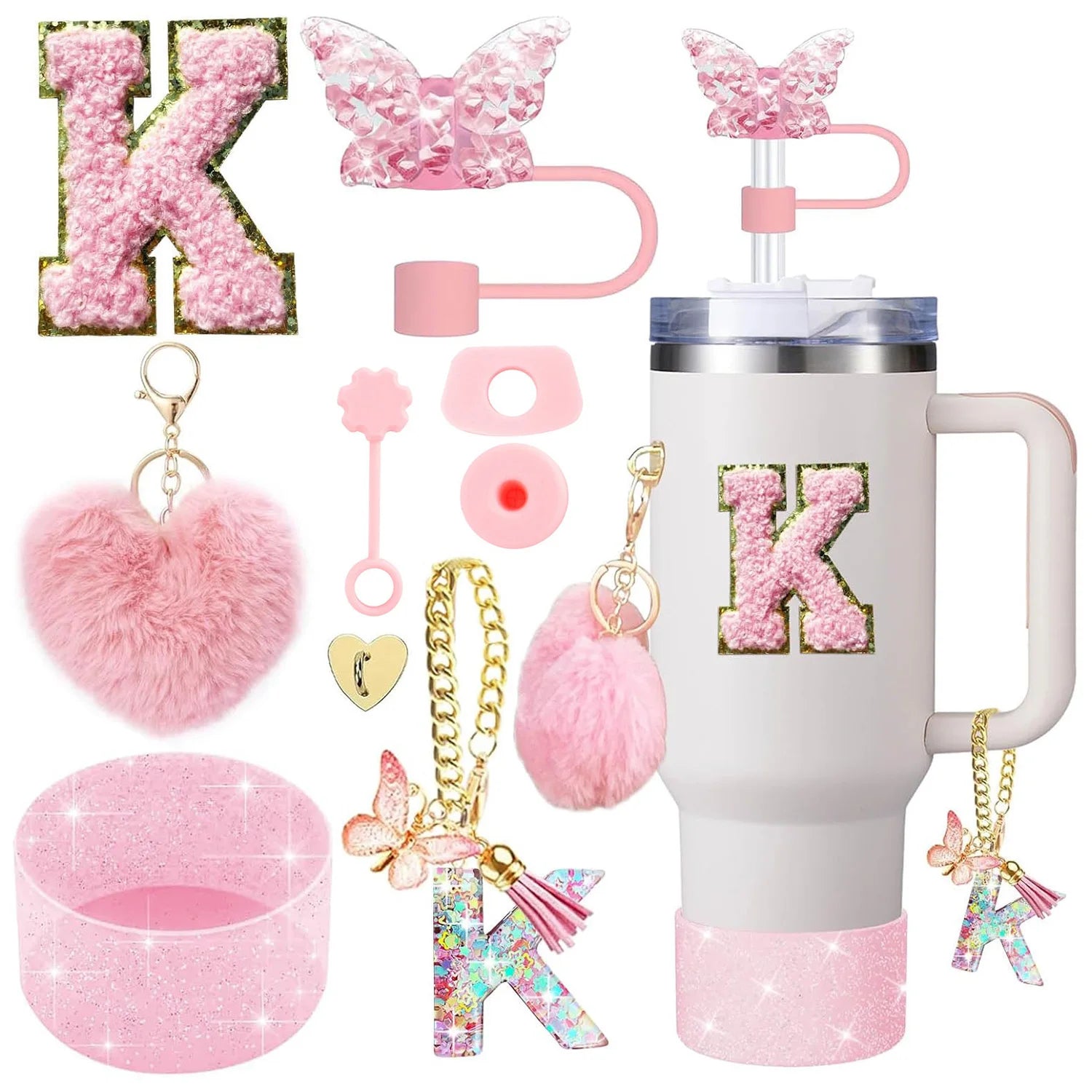 9PCS Accessory Set for Stanley Cup 30oz 40oz Butterfly Straw Cover Cap Silicone Boot Charm Initials Sticker Spill Proof Stopper