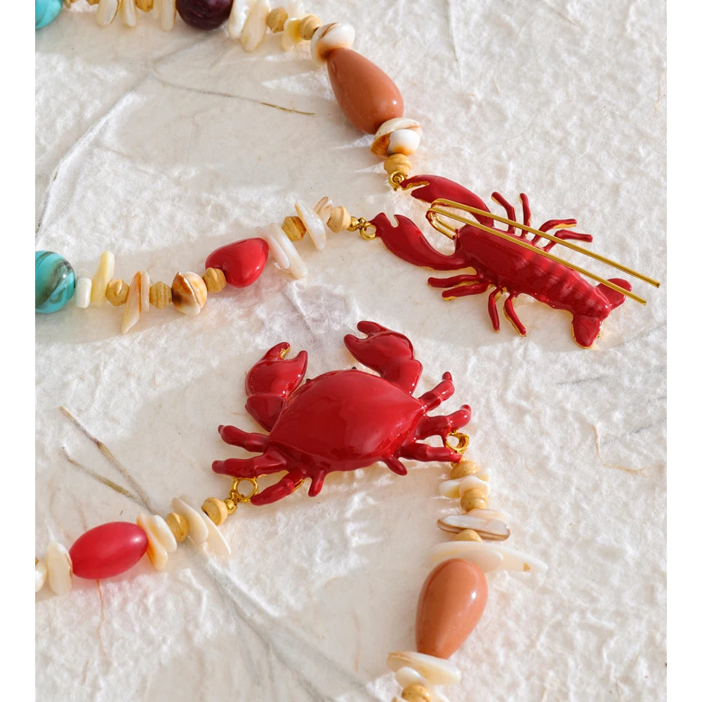Yhpup Ocean Style Crayfish Crab Pendant Necklace for Women Shell Acrylic Resin Chain Handmade Jewelry