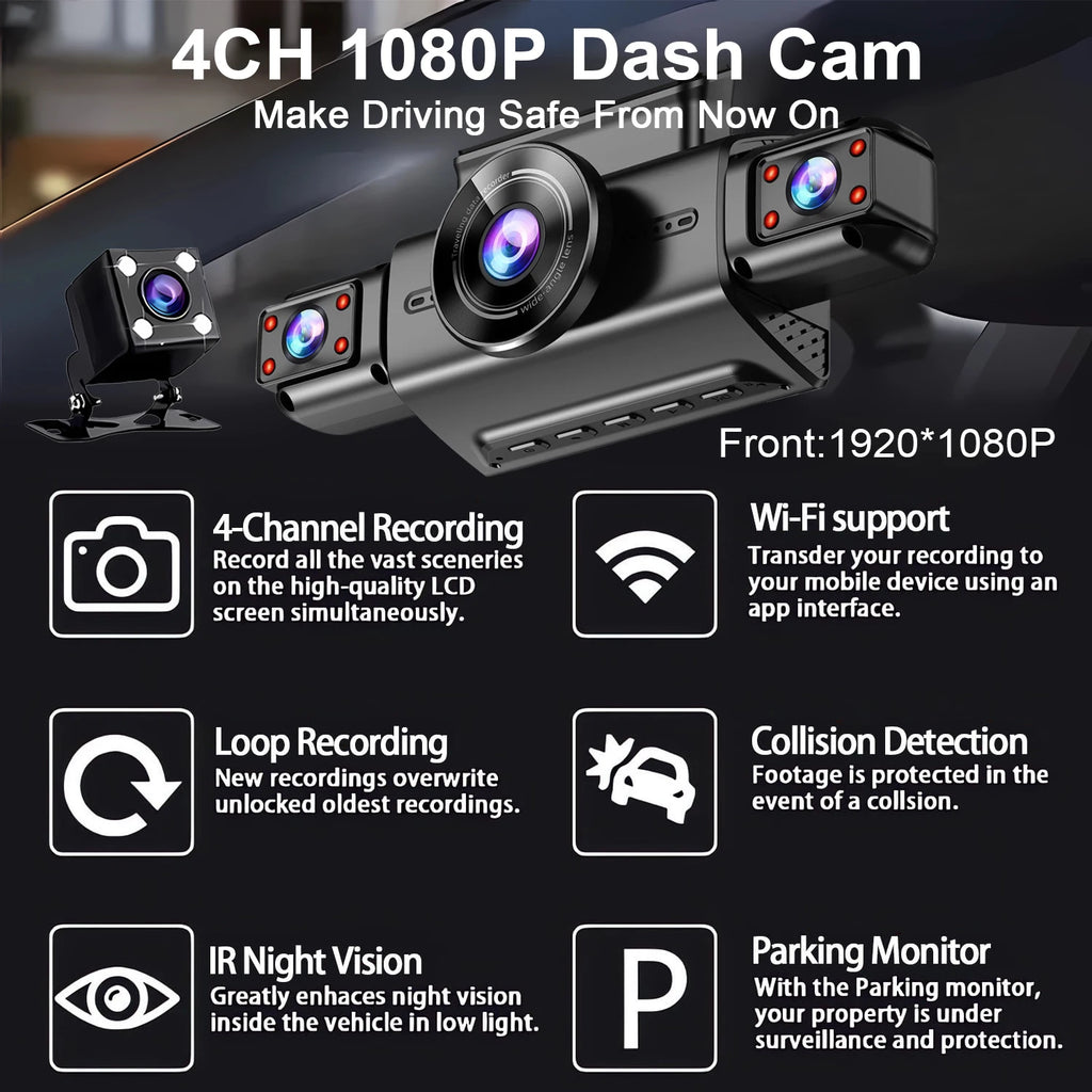 FHD 1080P 4 Channel Full HD Car DVR Wifi Dash Cam 4 Cameras Dashcam Video Recorder Night Vision Black Box Cabin 24H Parking