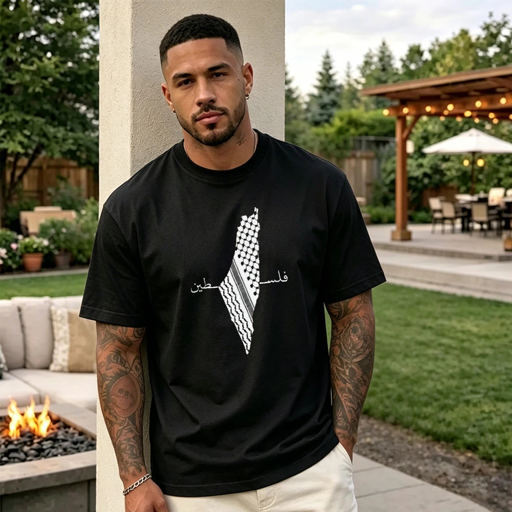 Palestine Keffiyeh Map Arabic Calligraphy Print Cotton T Shirt Men Heritage Patriotic Casual Graphic Tees Summer Men Clothing