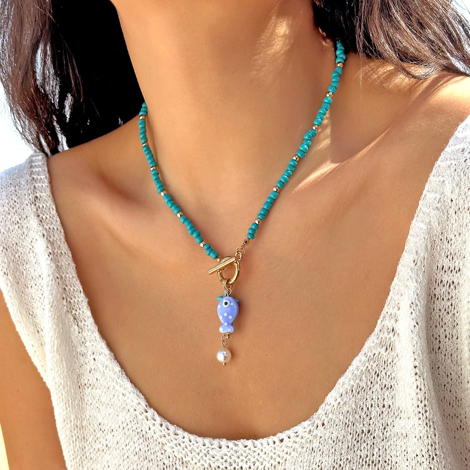 Bohemian Starfish Conch Pendant Necklace with OT Buckle Colorful Rice Beads Ceramic Fish Choker Necklace Beach Vacation Jewelry