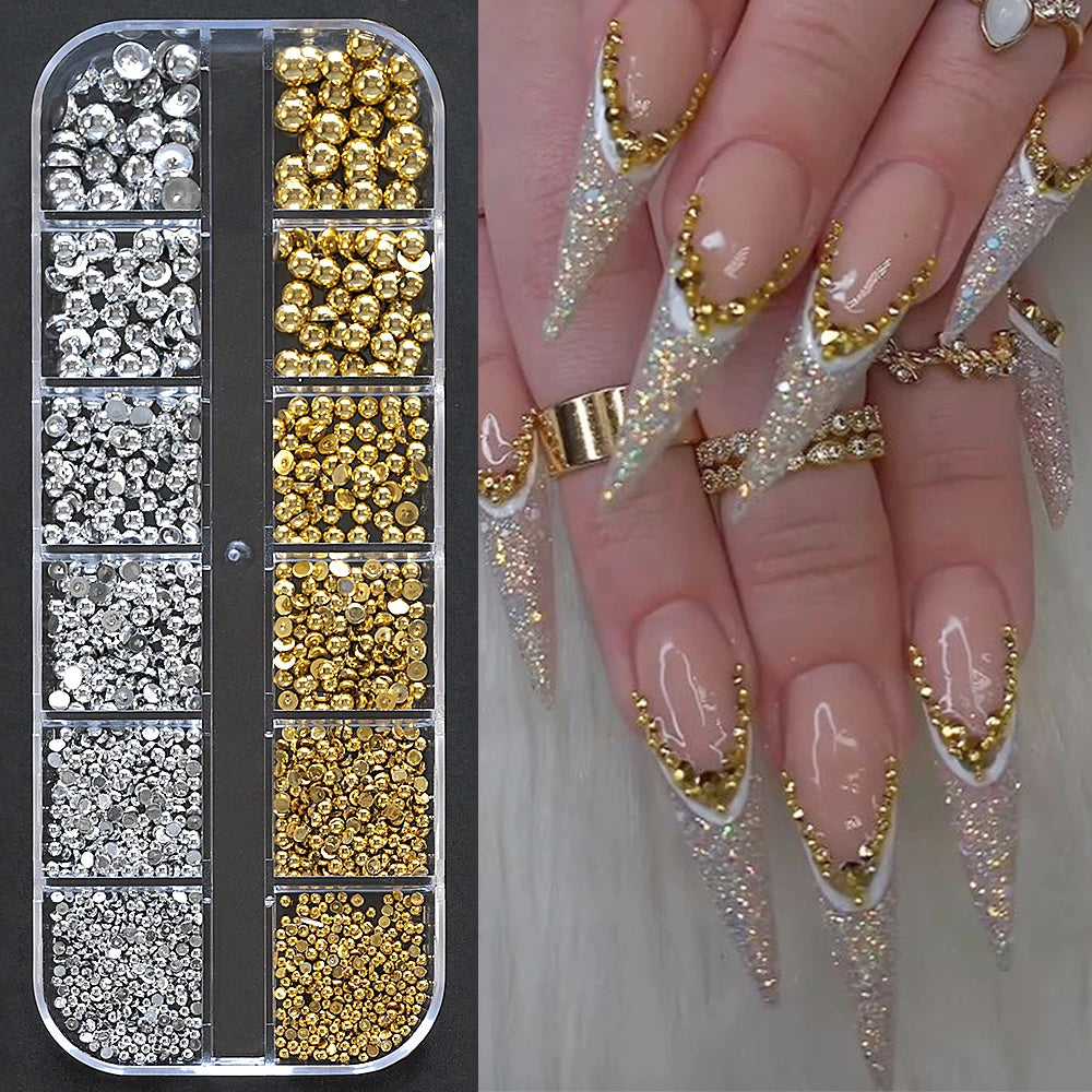 12Grids Silver Star Moon Glitter Nail Charms Mixed Metallic Tips Slice Rivet 3D FlatBack Gold Silver Star DIY Alloy Nail Studs_-