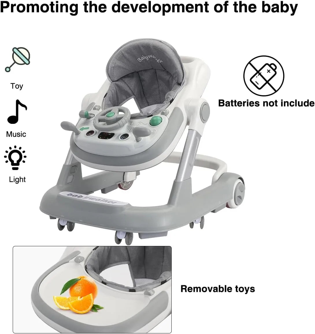 2 in 1 Baby Walker, Toddler Baby Push Walker with Removable Feeding Tray and Music Tray(Without Battery), Activity Walker
