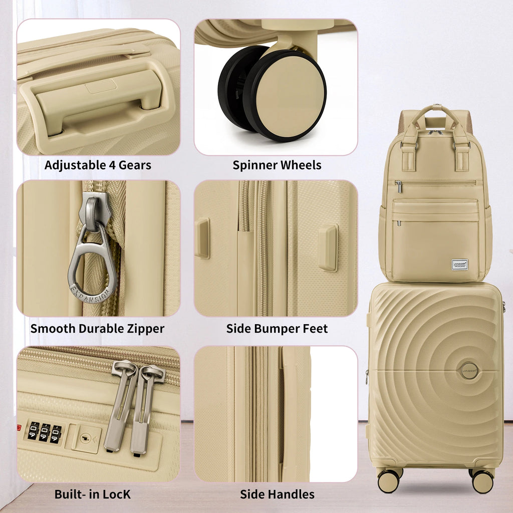 3-Piece Lightweight Expandable PP Luggage Set: 20" Carry-On Suitcase with 360° Spinner Wheels, Travel Backpack & Toiletry Bag, Champagne