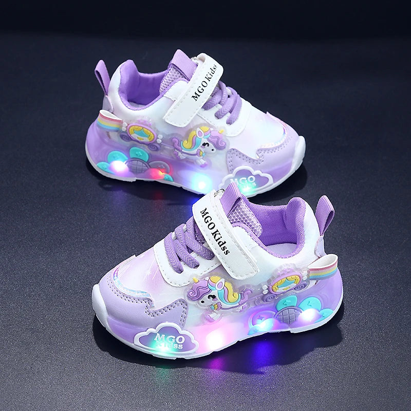 Mgo Kidss New Spring and Autumn Girls' Shoes, Light-Up Shoes, Flashing Shoes, Rainbow Pony Shoes, Kidsren's Sports Shoes, Girls' Soft-Soled Shoes, Running Shoes, Pink Shoes, Princess Kidsren's Shoes, Suitable for Ages 1-3-6,