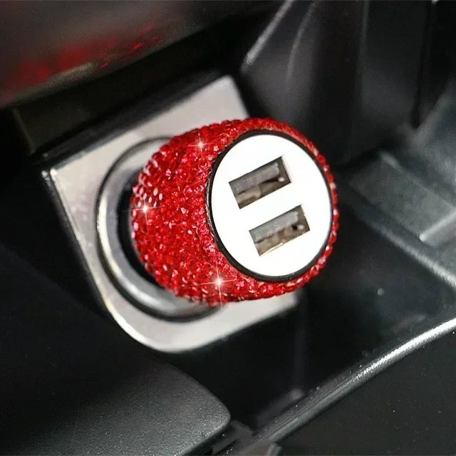 USB Car Charger Pink Crystal Diamond 5V 2.1A Dual Port Fast Charging Adapter 3 in 1 Cable for IPhone Samsung Huawei