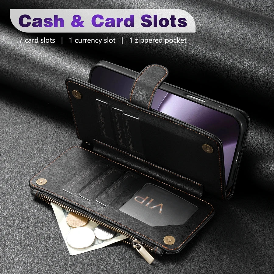 Wallet Multi-card Slot Zipper Kickstand Magnetic Flip Leather Case For iPhone 17 Pro Max 17e Air 16e 15 Plus 14 13 12 11 XR 8 7