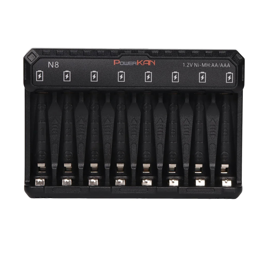 POWERKAN N8 Battery Charger with LED Display for 8 1.2V Ni-MH Ni-Cd AA AAA Rechargeable Batteries USB-C 5V 2A