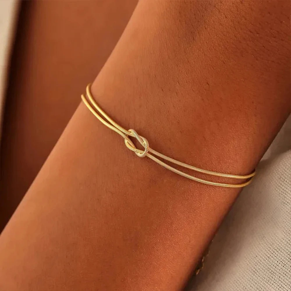 eManco Gold & Silver Stainless Steel Art Deco Knot Slim Snake Chain Bracelet Couple Social Art Jewelry