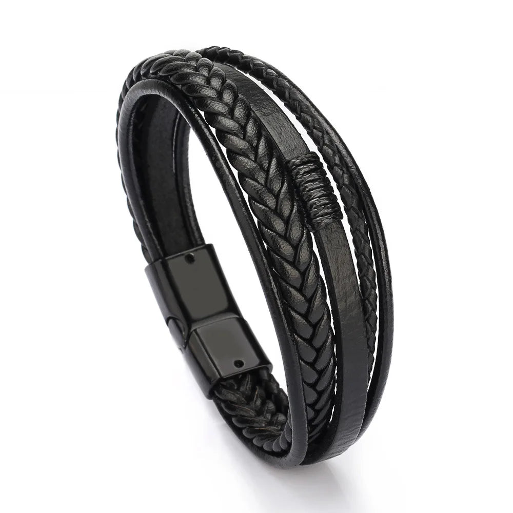 Trendy Leather Bracelets For Men Stainless Steel Bracelet 21CM Multilayer