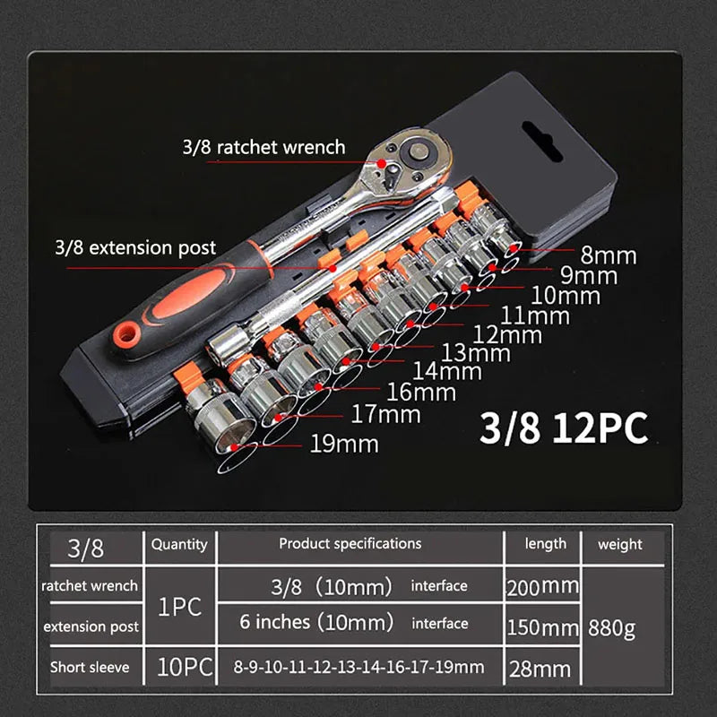 1/4 3/8 1/2 inch Socket Wrench Set Extension Rod Multi-function