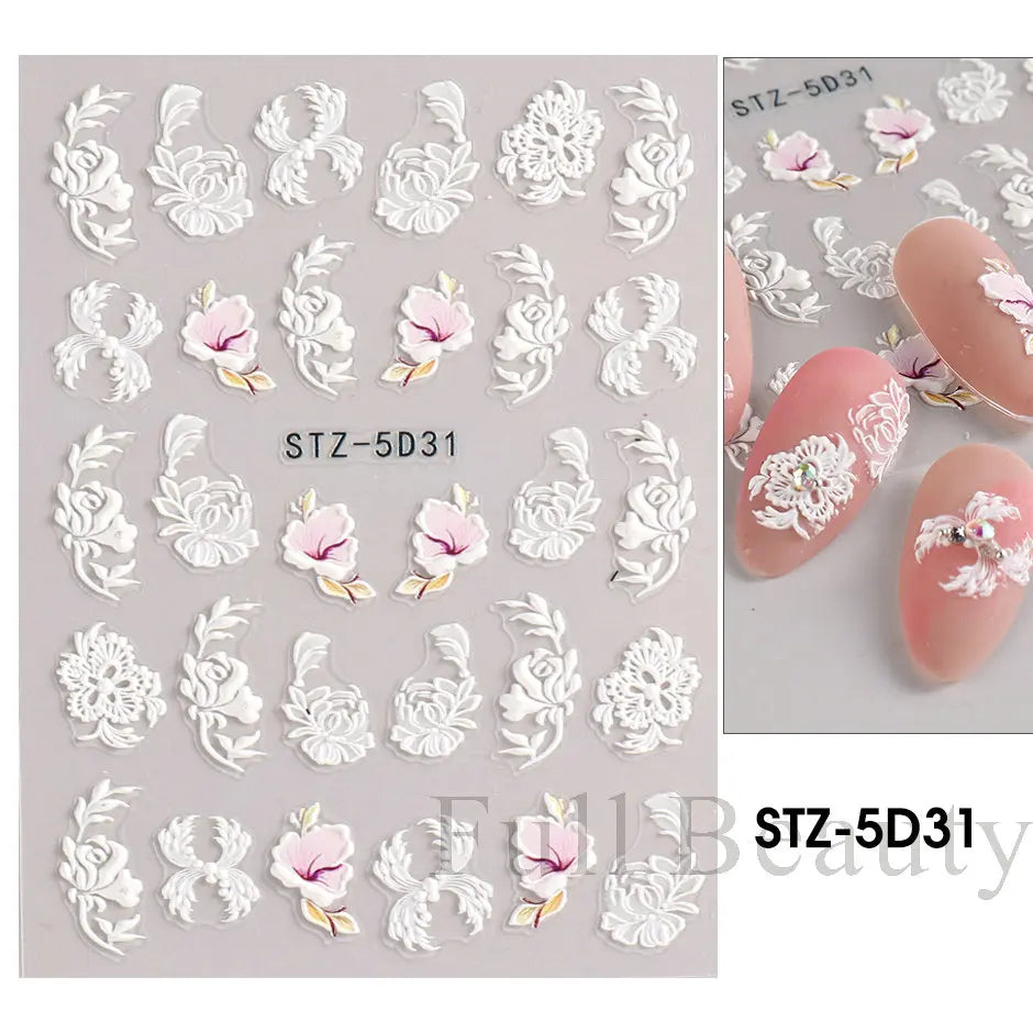 5D Simple Flowers Nail Embossed Stickers Elegant Wedding Design Adhesive Sliders Floral Textured Engraved Decoration Supplies