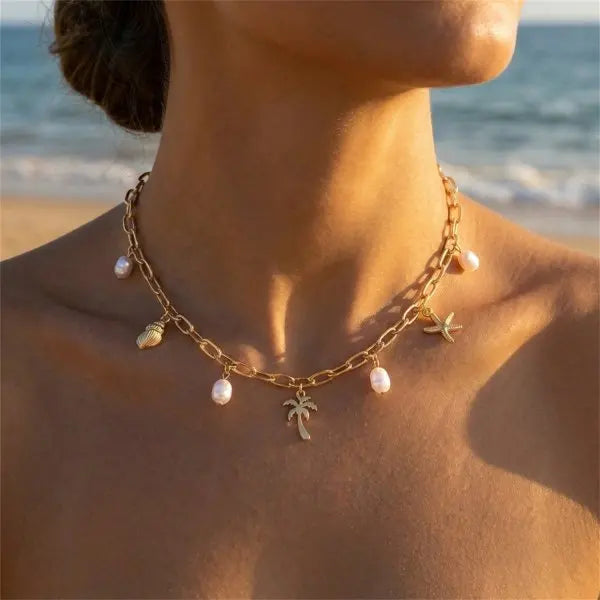 Boho Starfish Scallop Conch Pendant Necklace for Women Elegant Shell Pearl Tassel Metal Chain Choker Summer Beach Party Jewelry