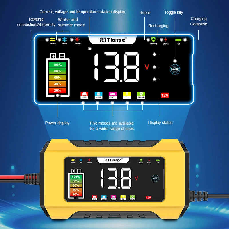 Universal 6A 12V Fully Automatic Motorcycle Car Battery Pulse Charger Repair Type Lead Acid Battery Fast Charging Car Motorcycle