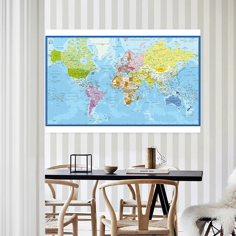 Wall Poster Map of The World French Language Polyester Vinyl Painting Office School Supplies Home Decoration Carte Monde