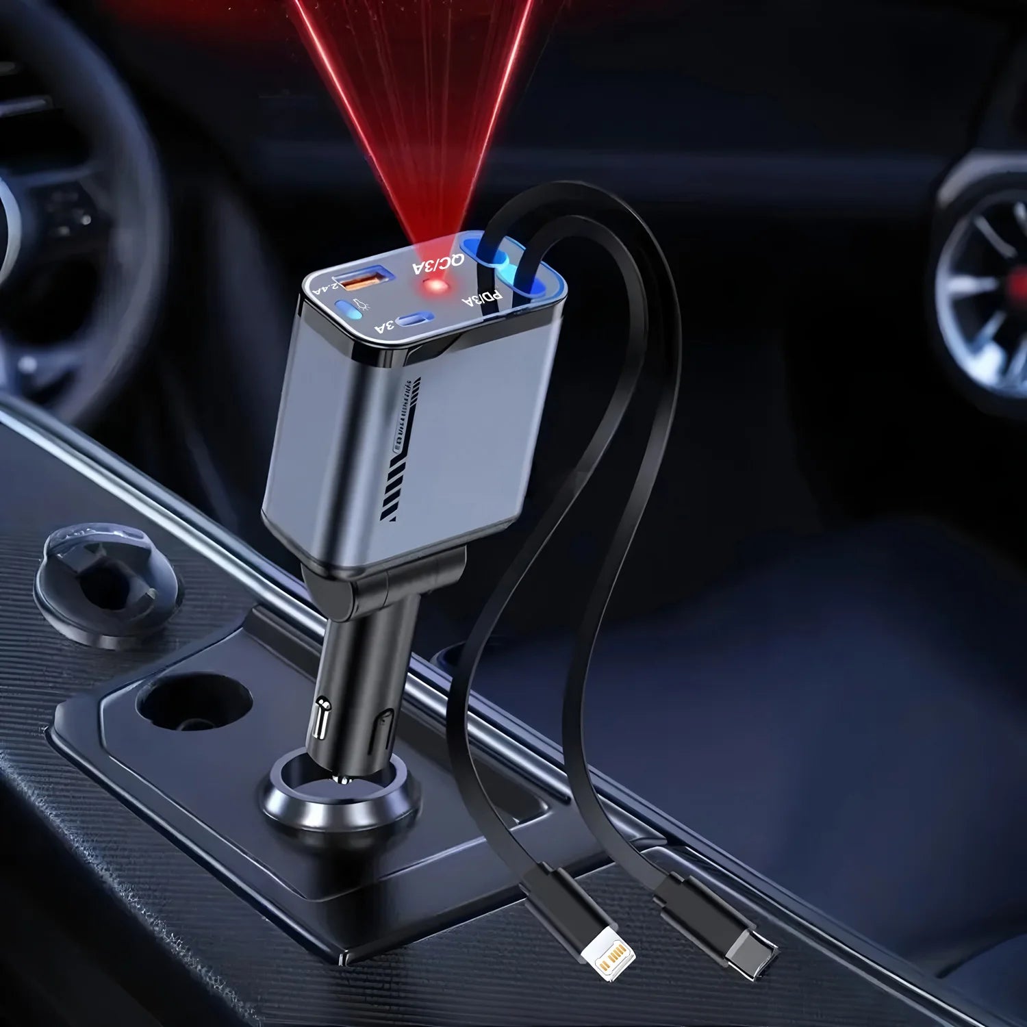 4 IN 1 Retractable Car Charger USB Type C Cable For IPhone Huawei Samsung Fast Charge Cord Cigarette Lighter Adapter