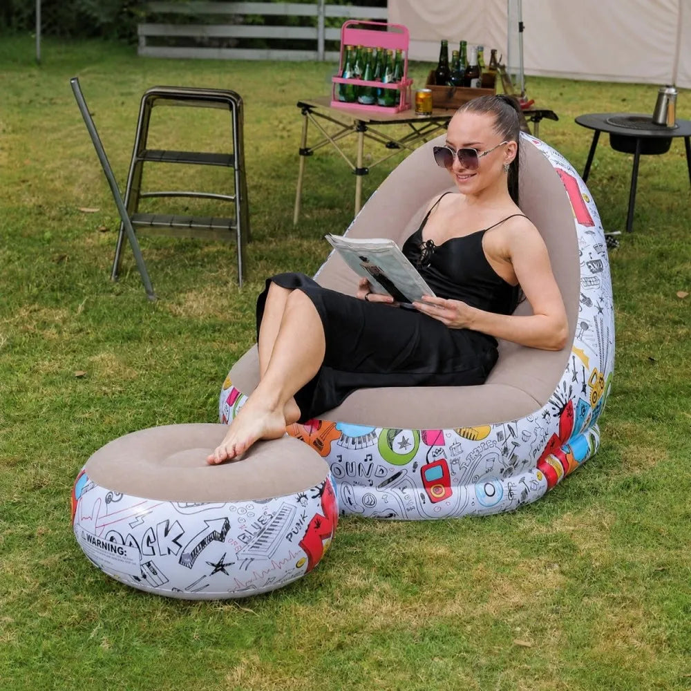 Inflatable Lazy Sofa + Footrest Set, Thickened Flocked Foldable Recliner, Portable Indoor/Outdoor Camping Lounge Chair for Home