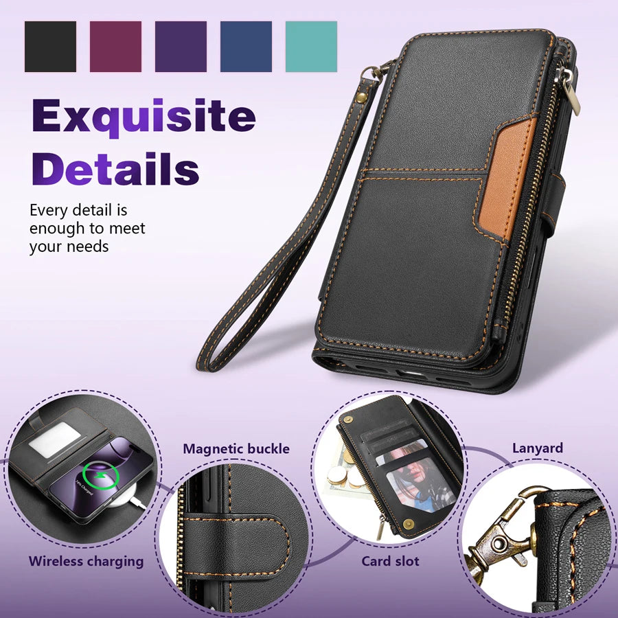Wallet Multi-card Slot Zipper Kickstand Magnetic Flip Leather Case For iPhone 17 Pro Max 17e Air 16e 15 Plus 14 13 12 11 XR 8 7