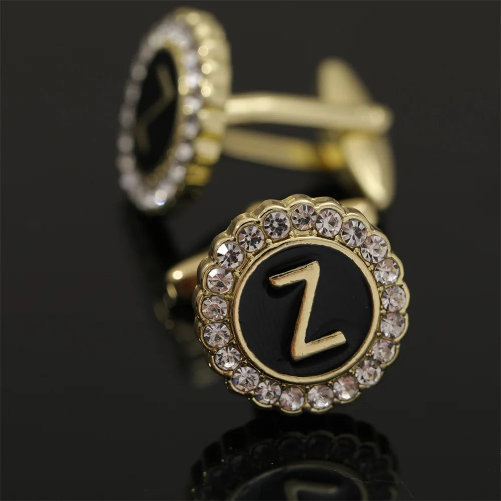 26 Initial Capital Letter A-Z Mens Cufflinks Galaxy Golden Color Gear Shape Crystal Cuff Links Formal Shirt Suit Jewelry Gift