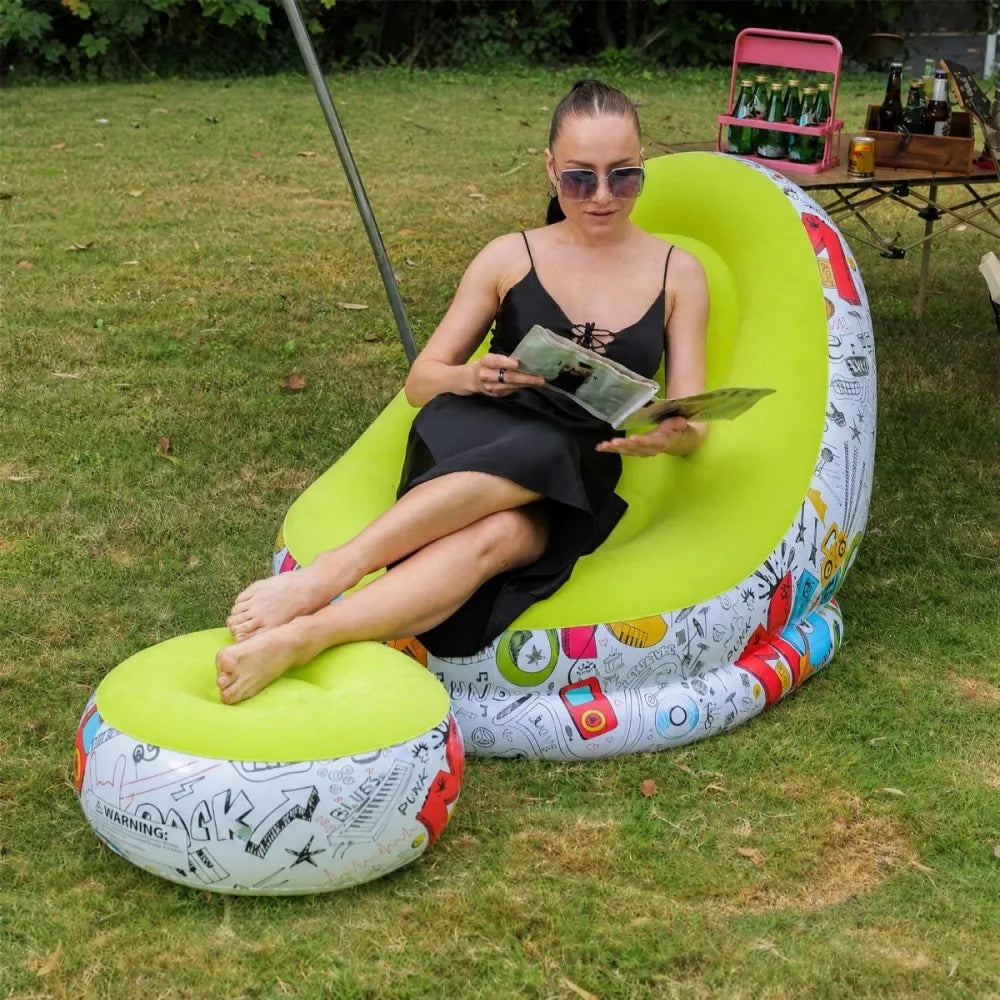 Inflatable Lazy Sofa + Footrest Set, Thickened Flocked Foldable Recliner, Portable Indoor/Outdoor Camping Lounge Chair for Home