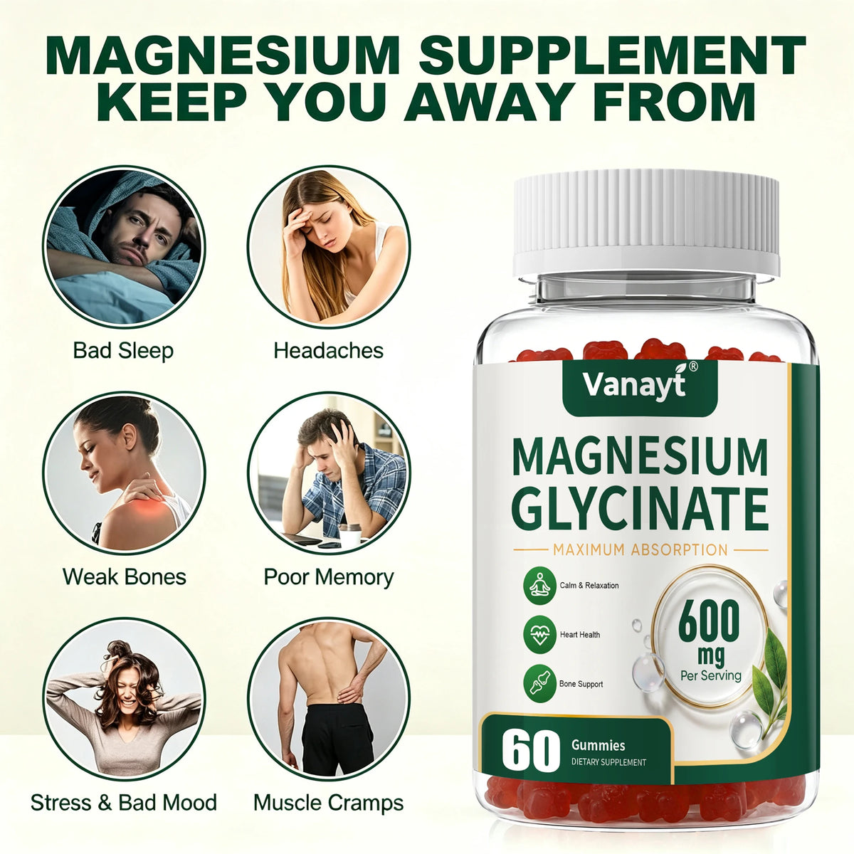 Magnesium Glycinate 600mg Per Serving With Black Pepper Vitamin D3 B6 Supports Normal Muscle