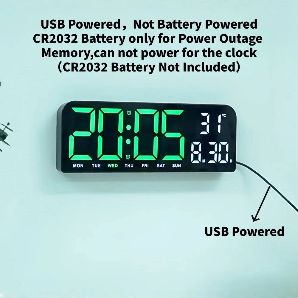 USB Powered 9 Inch Large Digital Wall Clock Temperature Date Week Timing Countdown Auto-Dimmer 2 Alarm 12/24H LED Alarm Clock