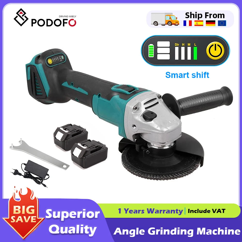 Podofo Handheld Cordless Brushless Electric Angle Grinder Polishing Grinding Machine Cutting Power Tool for Makita 18V Battery