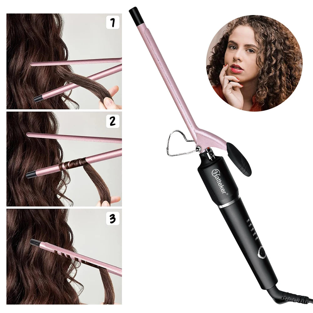 Hatteker 9mm Professional Hair Curler Ceramic Barrel Iron Smart Auto-Off