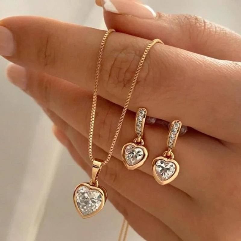Trendy Crystal Heart Shaped Jewelry Set For Women Dangle Earrings Pendant Necklace Simple Dainty Daily Wear Party Accessories