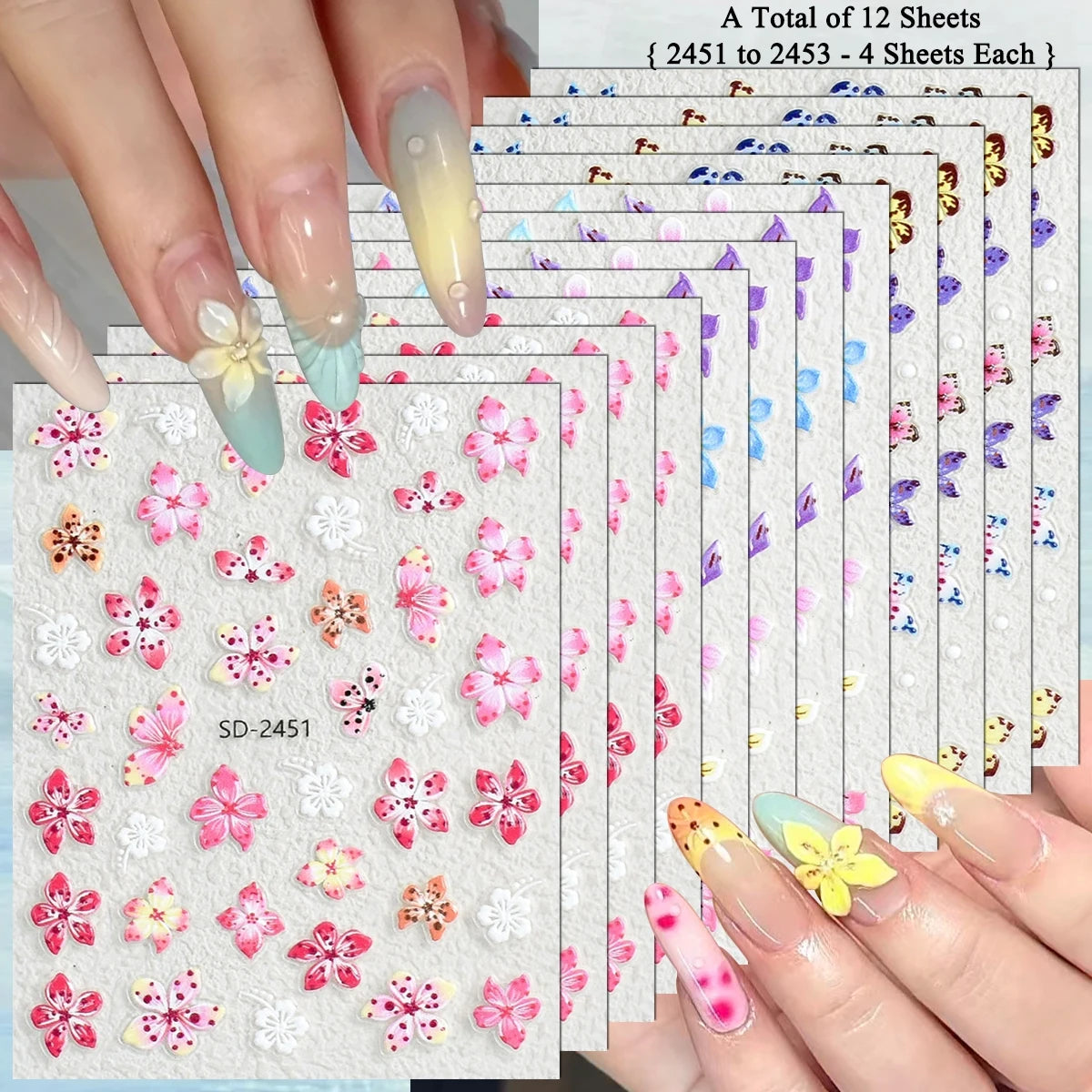 3 to 120 Sheets Tropical Flower Nail Stickers Hibiscus Butterfly Starfish