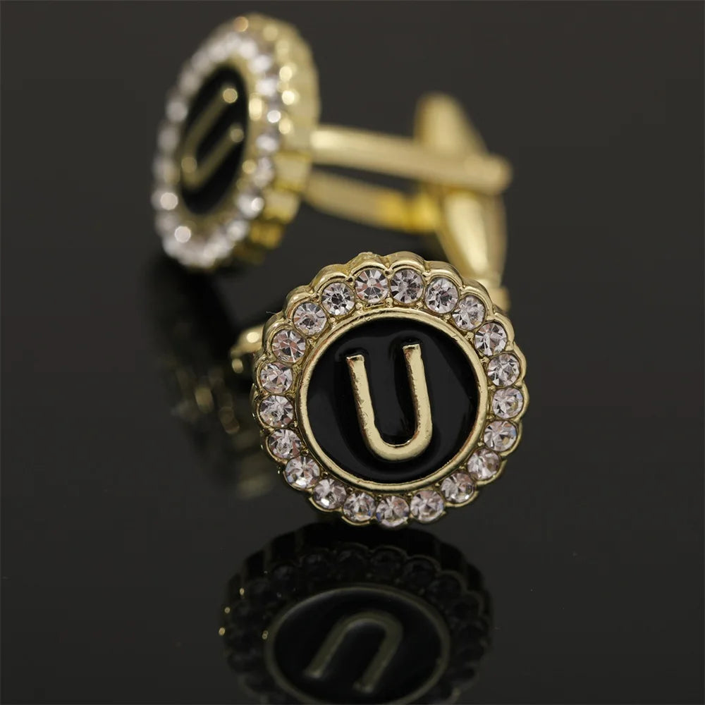26 Initial Capital Letter A-Z Mens Cufflinks Galaxy Golden Color Gear Shape Crystal Cuff Links Formal Shirt Suit Jewelry Gift
