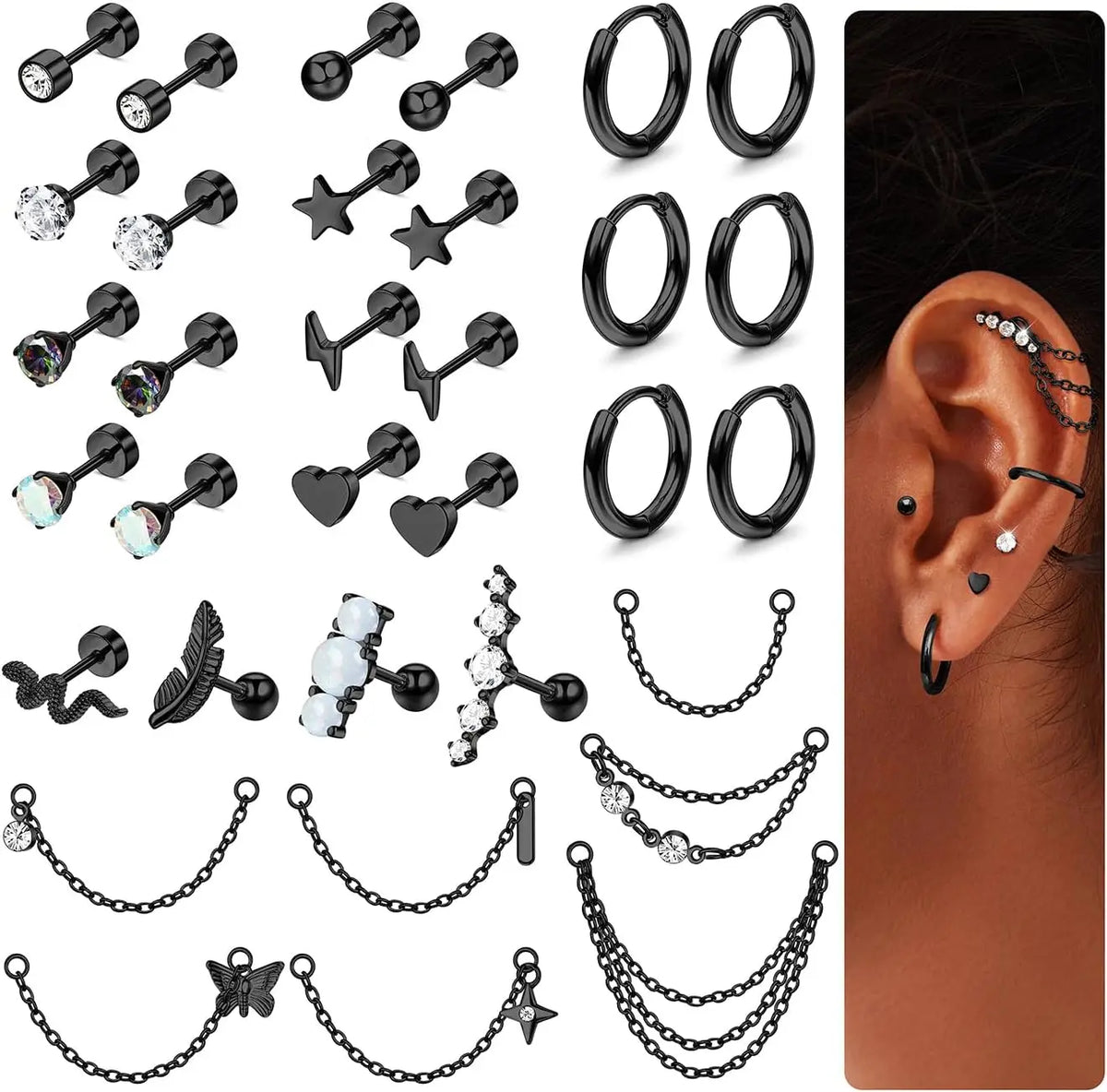 33Pcs 20G Cartilage Earrings Set for Women Men Surgical Steel Earrings
