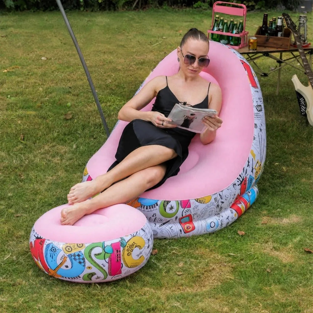 Inflatable Lazy Sofa + Footrest Set, Thickened Flocked Foldable Recliner, Portable Indoor/Outdoor Camping Lounge Chair for Home
