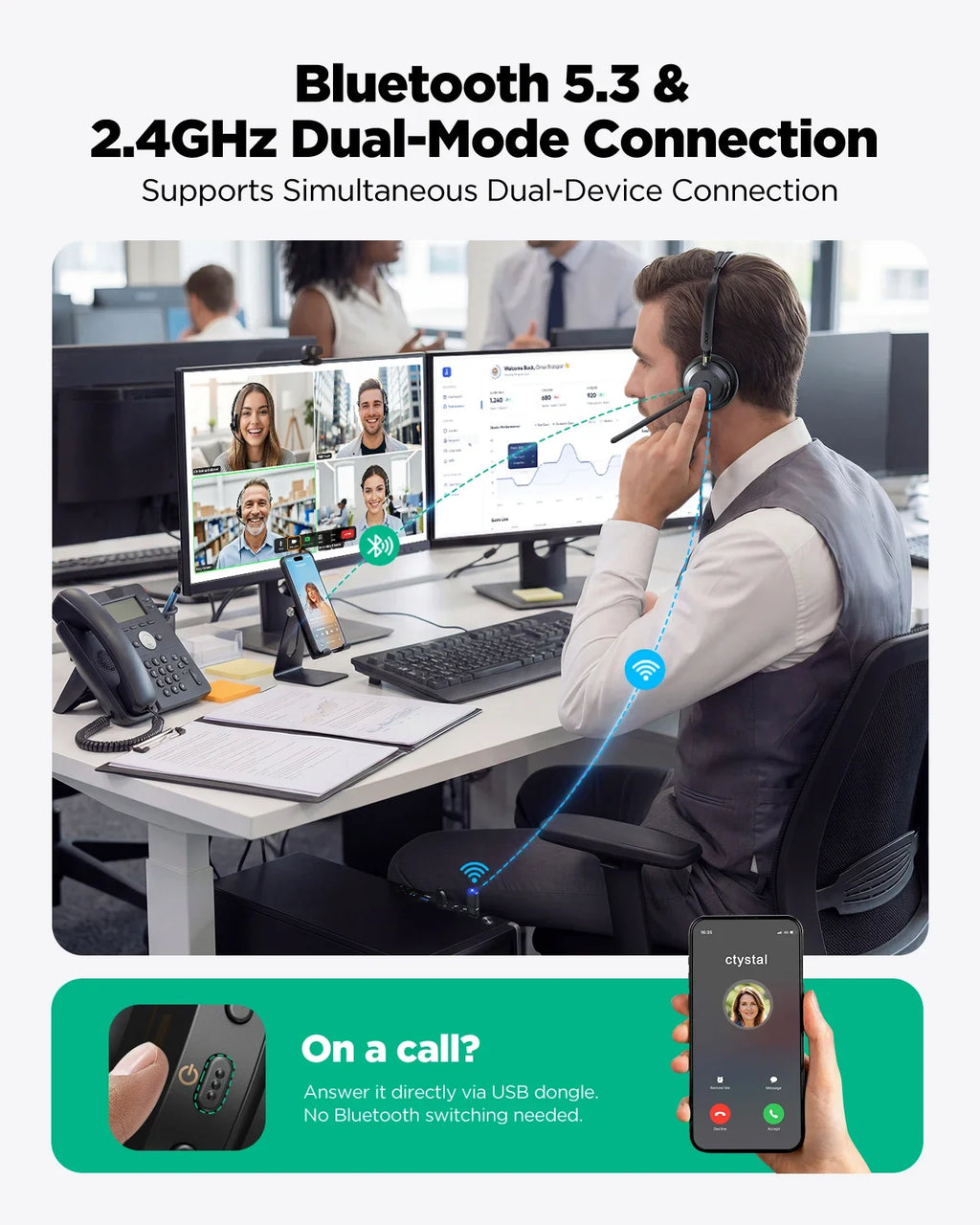 Acer Bluetooth 5.3 & 2.4G Headset for Clear Call ＆ Meeting