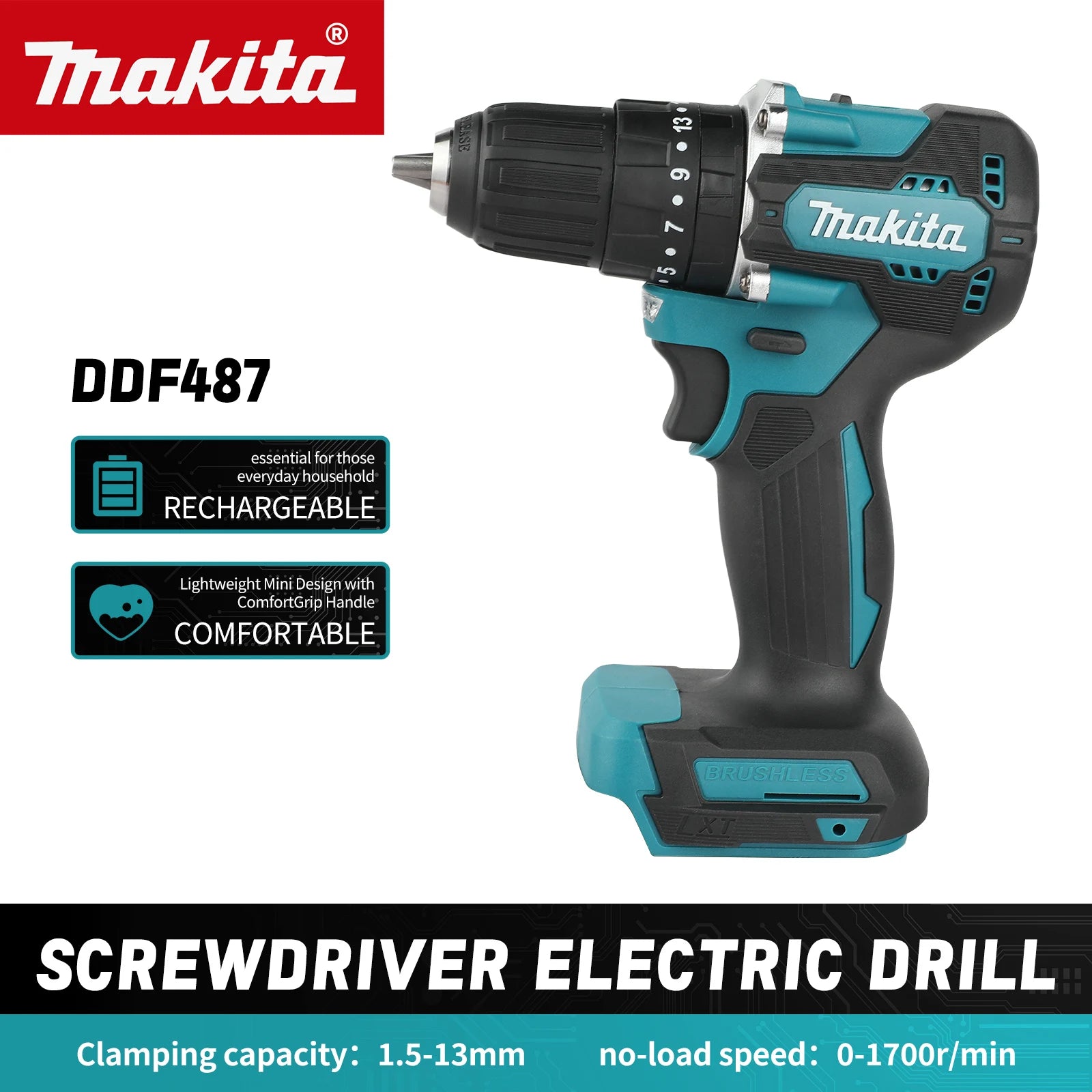 NEW 2026 Makita DDF487 18V Portable Drill,Brushless Motor,40Nm Torque,3 Working Modes,Perfect For Home Renovation