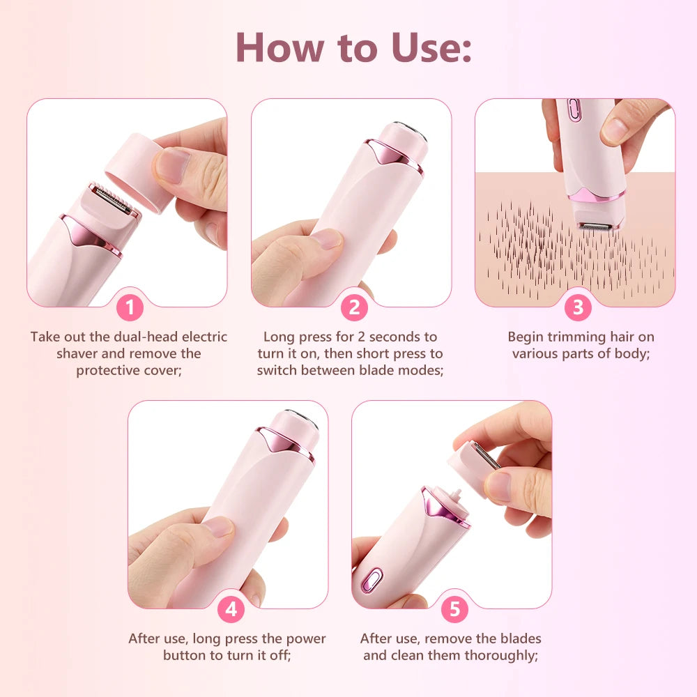 2-in-1 Electric Shaver for Women Dual Head Bikini Trimmer with 3D Floating