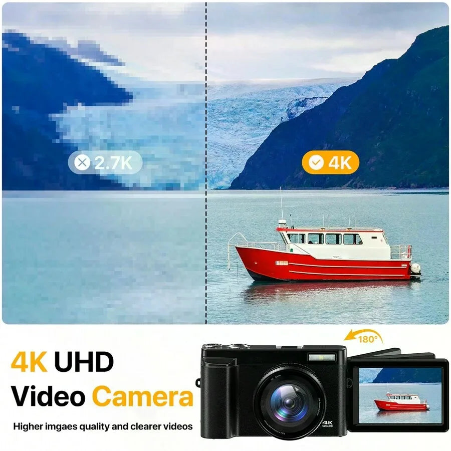 4K Digital Camera 48MP Autofocus 180 ° 3-Inch Flip Screen Selfie Video Vlog Camera 16x Digital Zoom High Definition Anti-Shake Portable