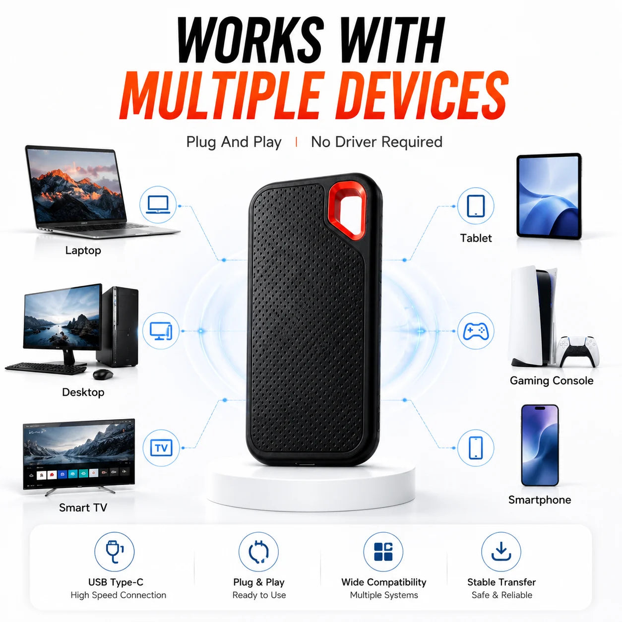 1TB Portable SSD Waterproof Shockproof for Desktop Computer Plug&Play High Speed External Solid State Drive