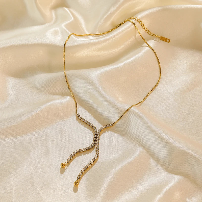 GANEMLY 316L Stainless Steel Sparkle Zircon Tassel Pendant Necklace For Women New Party Gift Stylish Dangle Neck Chain Jewelry