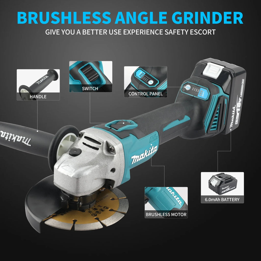 Makita DGA404 Variable Speed Brushless 18V 6.0Ah 125mm Electric Angle Grinder Polishing Machine Cutting Electric Tools