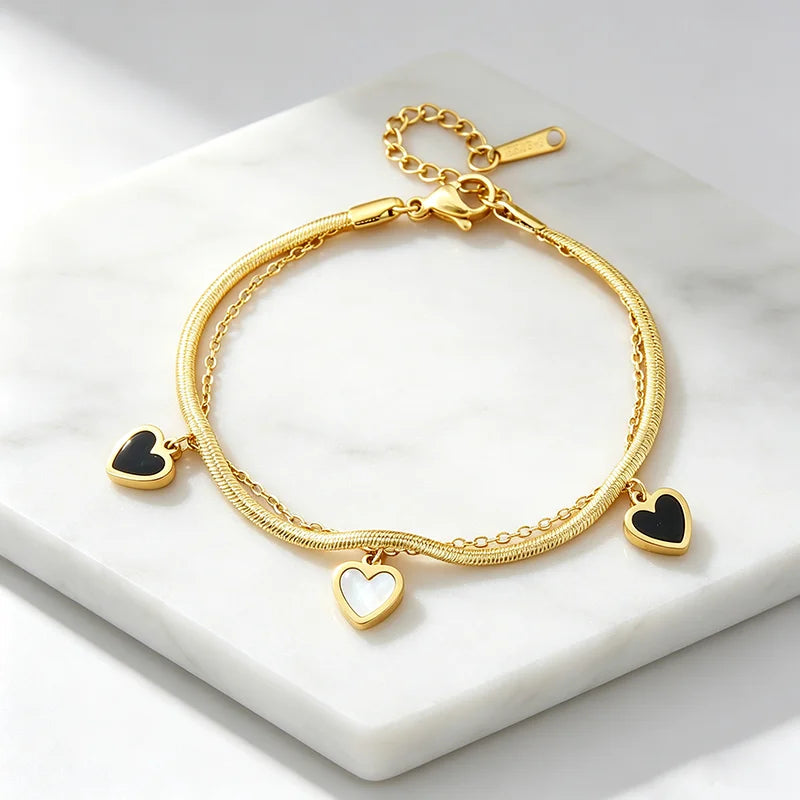 Double Layer Snake Chain Heart Charm Bracelet for Women, Waterproof Hypoallergenic