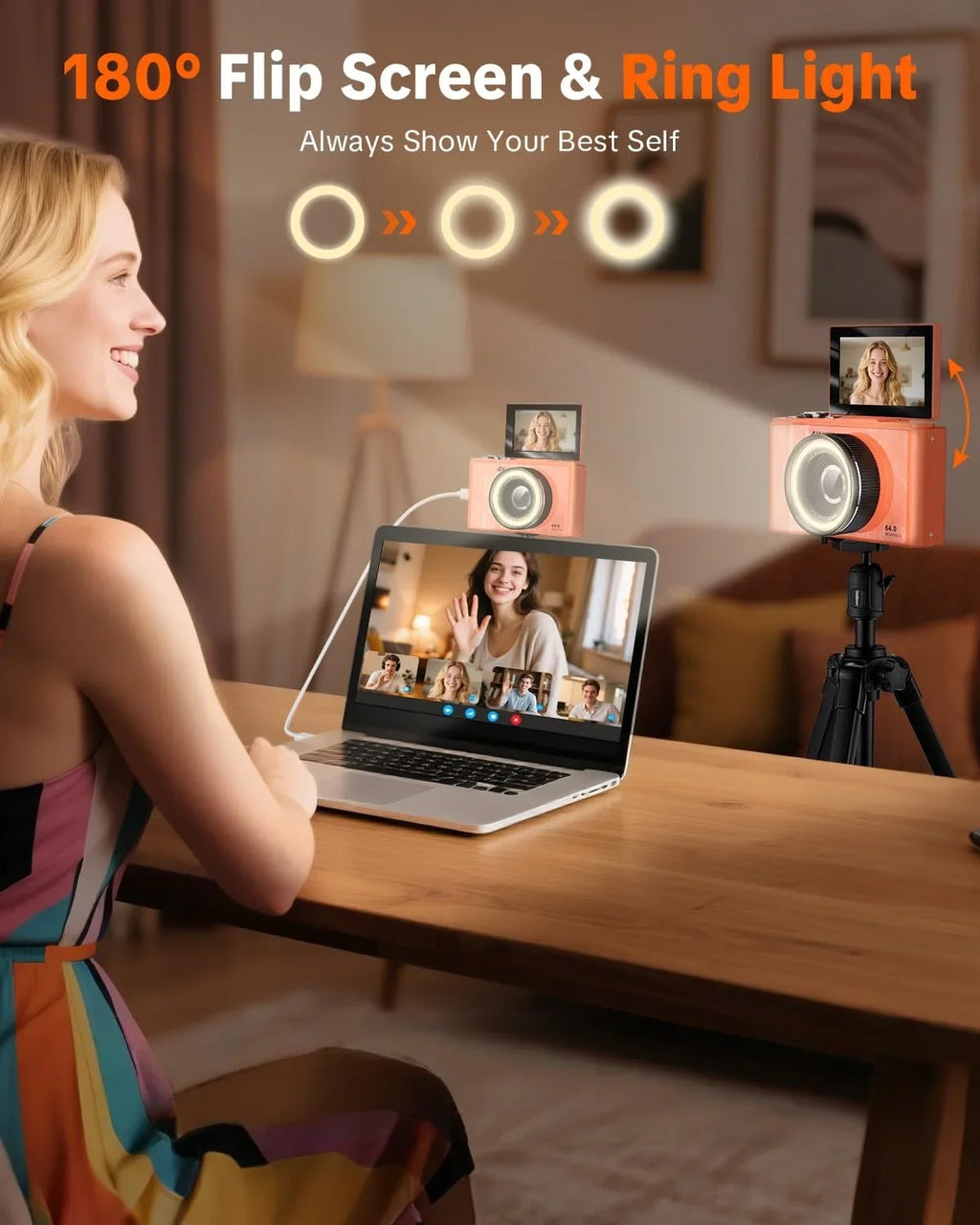 4K Vlogging Camera, 180° Flip Screen, Ring Light & Beauty Mode, Digital Camera for Beginners, 32G SD Card Included, Xmas Gift