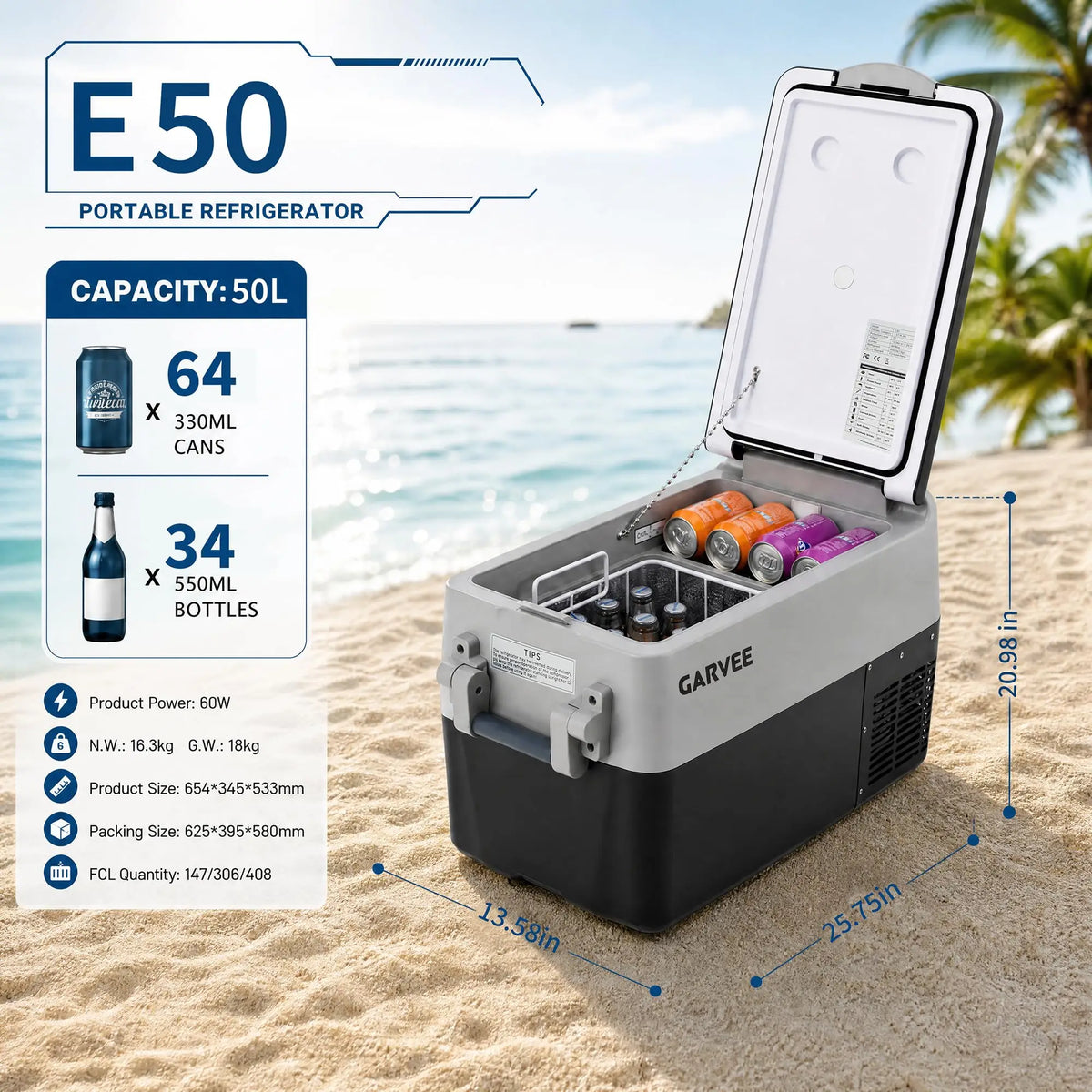 Portable Car Refrigerator 53QT Dual Zone 12V Fridge Freezer With App Control 12/24V DC And 110-240V AC